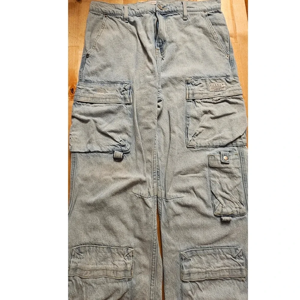 PacSun Baggy Cargo Jeans Light Wash Blue Denim Utility Pants 31x32 Mens